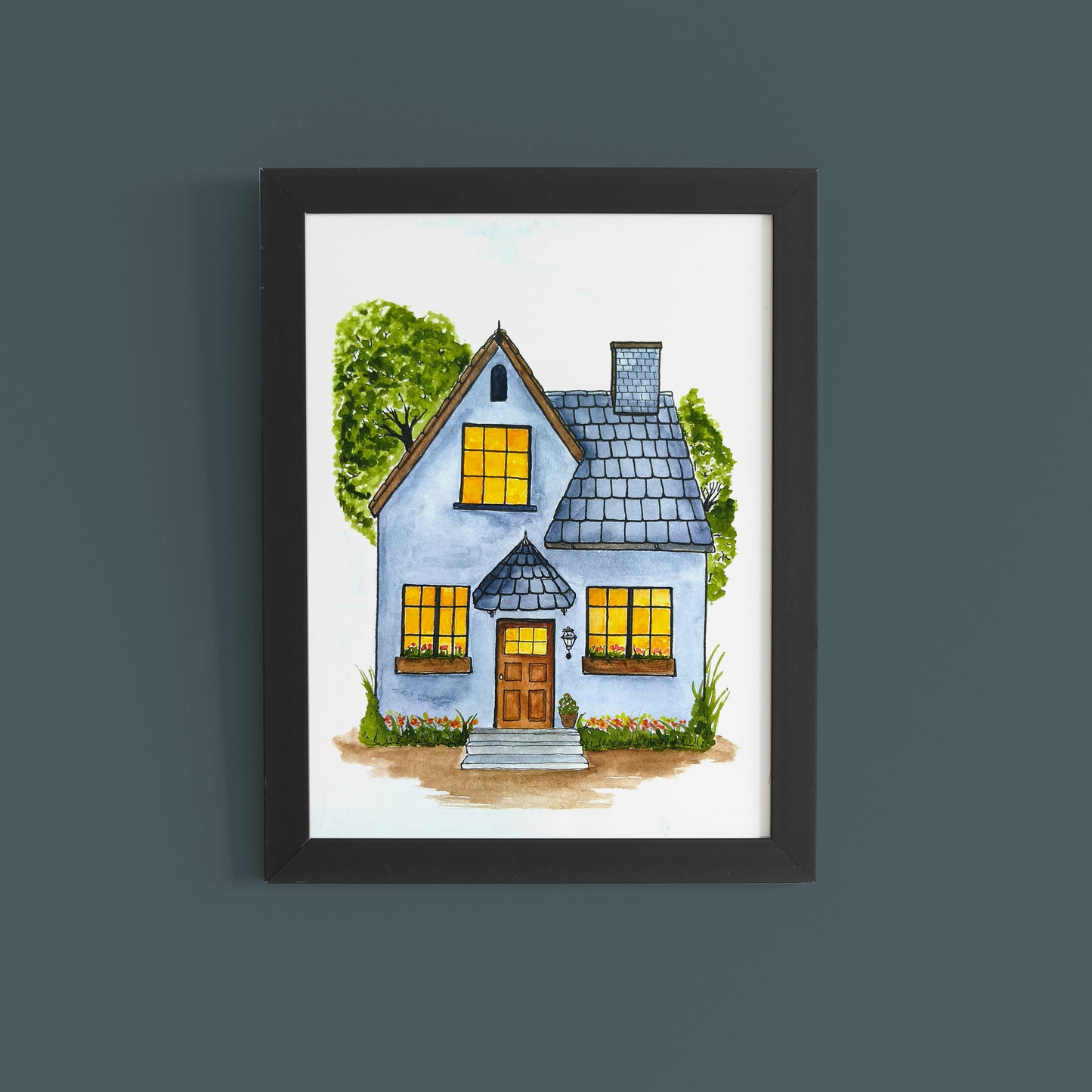 Cozy Blue Cottage – Hand-painted Watercolour Wall Art