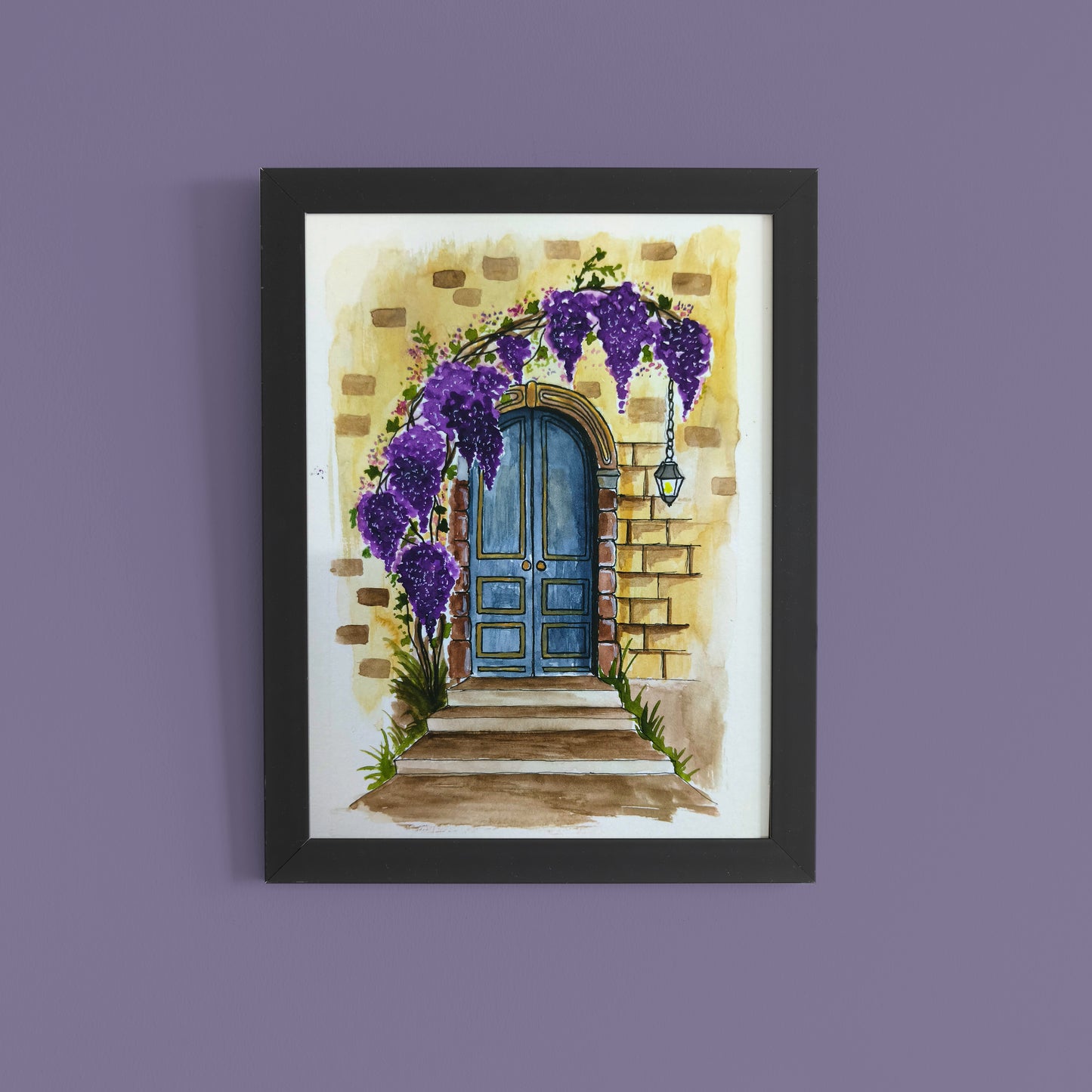 Blue Door with Wisteria – Hand-painted Watercolour Wall Art