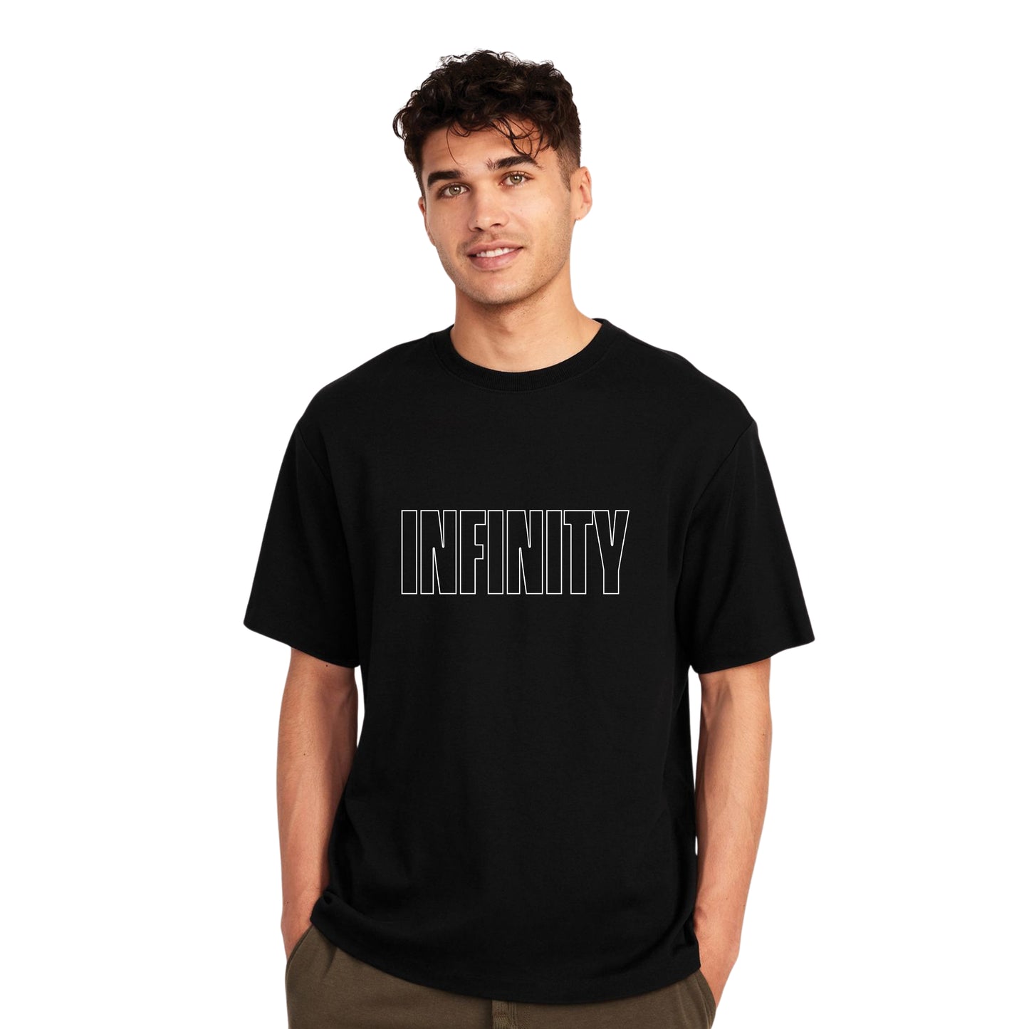 Infinity Minimalist T-Shirt – Modern Typography Graphic, Unisex Black Tee