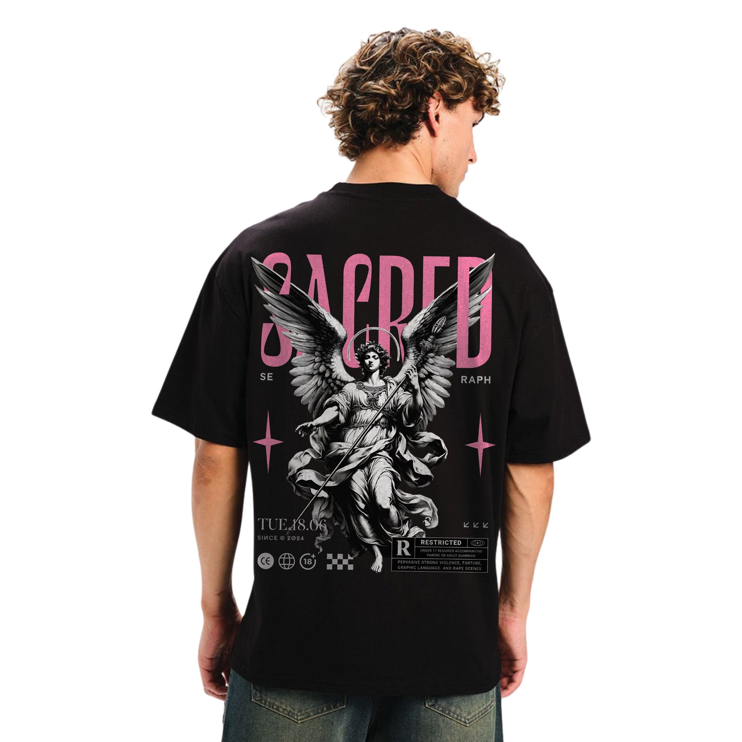Sacred Seraph Angel Graphic T-Shirt – Artistic Divine Print, Unisex Black Streetwear Tee