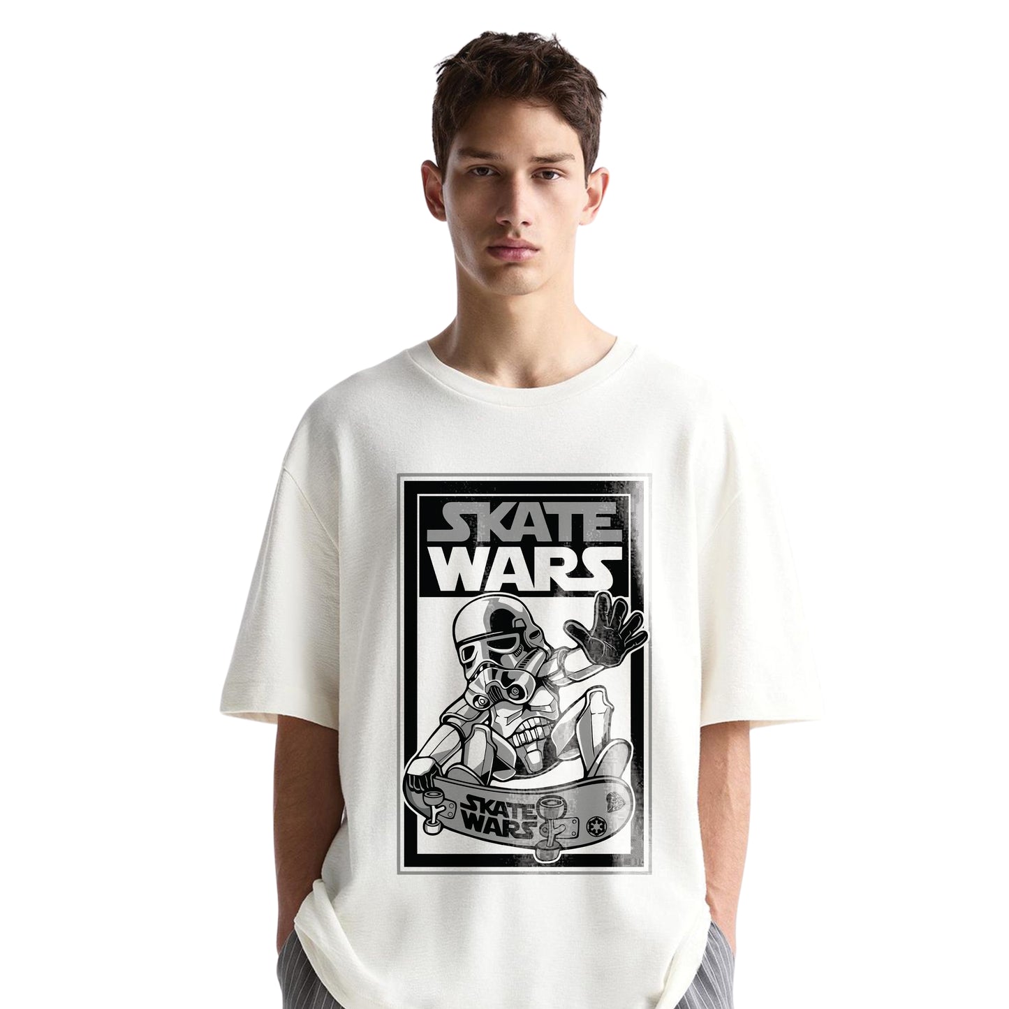 Skate Wars Stormtrooper T-Shirt – Skateboarding Parody Graphic, Unisex White Tee