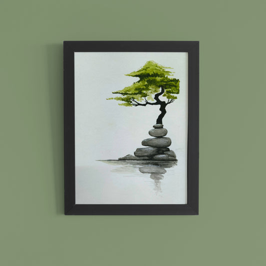 Zen Tree on Stones – Minimalist Nature Watercolour Wall Art