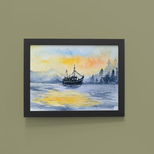 Golden Reflection: Sunset Lake Boat Watercolor Art