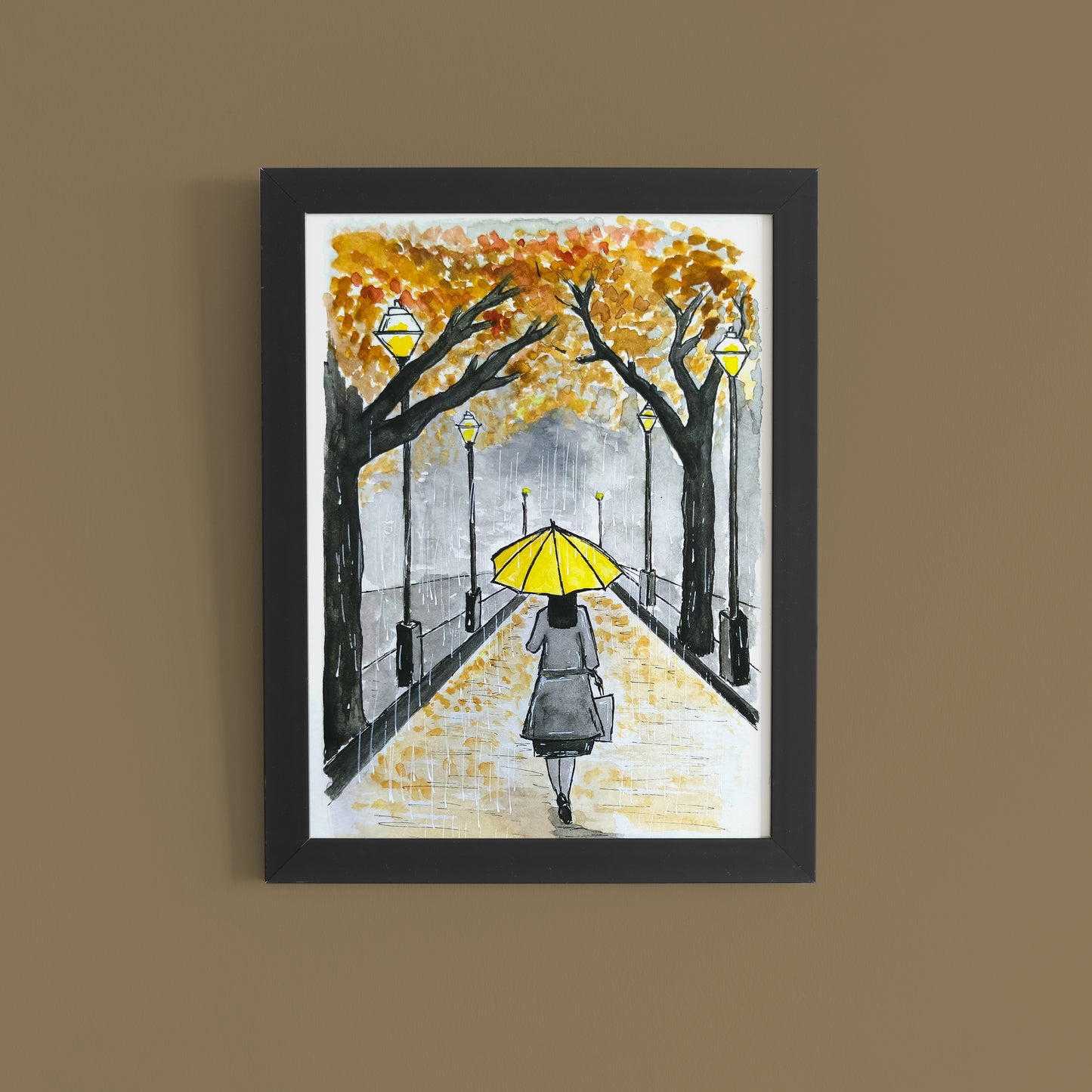 Yellow Umbrella Stroll: Rainy City Watercolor Art