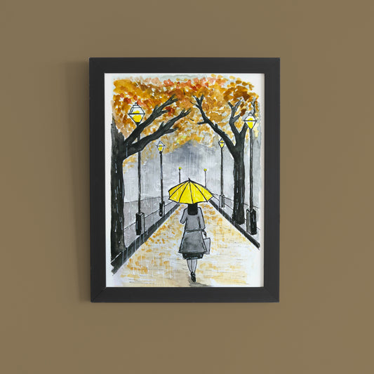 Yellow Umbrella Stroll: Rainy City Watercolor Art