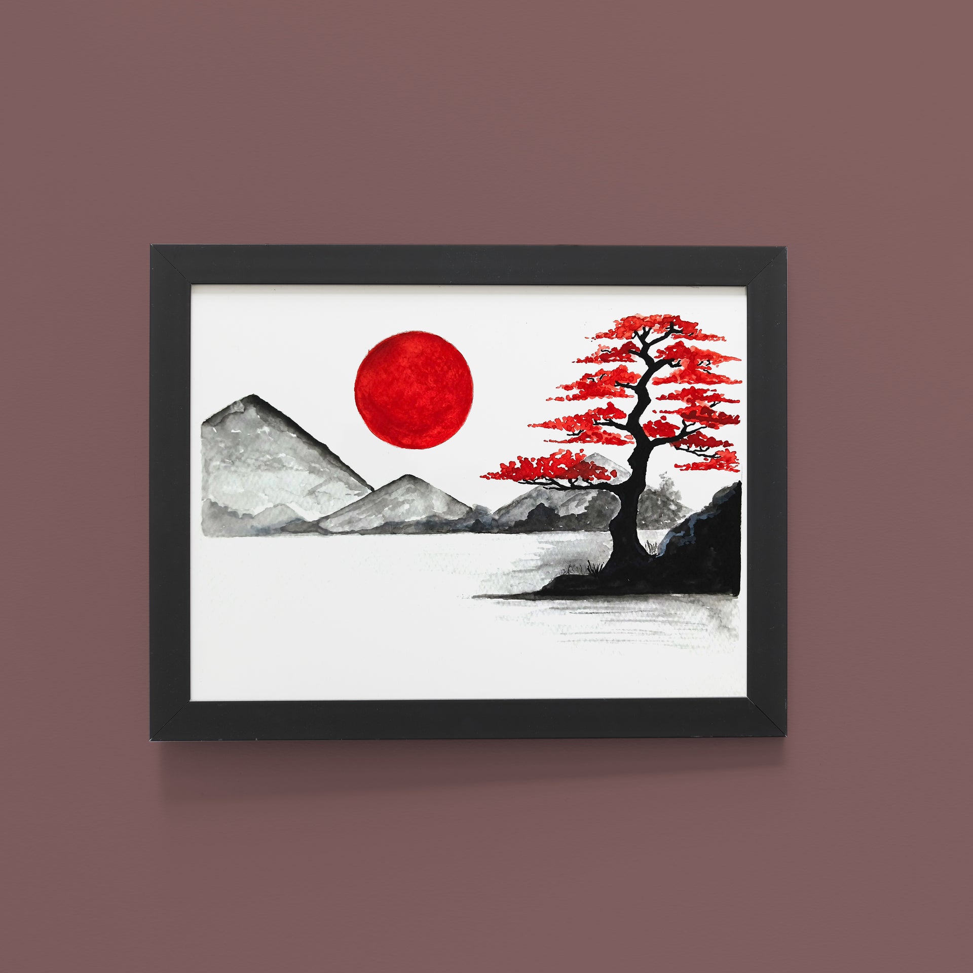 Zen Serenity with Red Sun – Watercolour Minimalist Wall Art