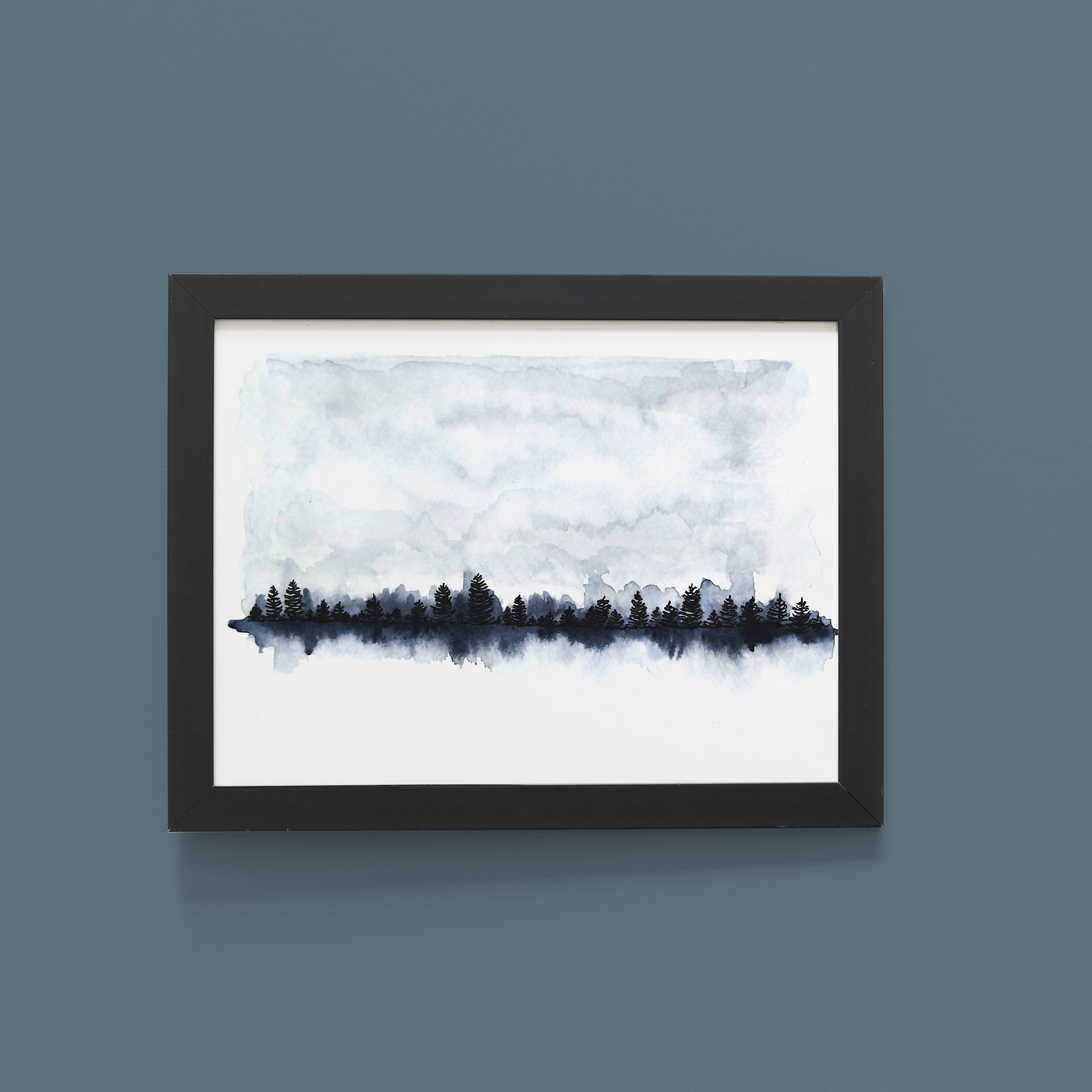 Misty Horizon –  Blue Serenity Landscape Watercolour Wall Art