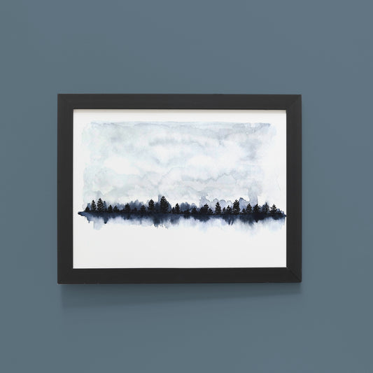 Misty Horizon –  Blue Serenity Landscape Watercolour Wall Art
