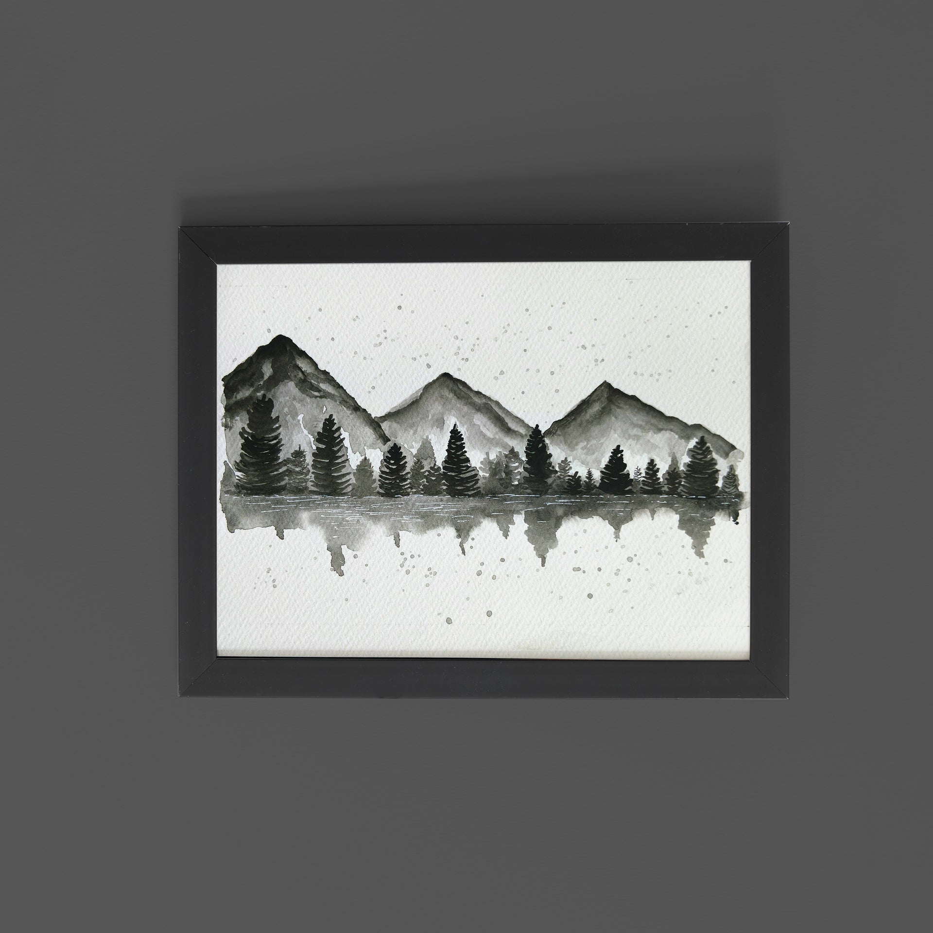Monochrome Mountain Reflection –  Watercolour Tranquil Minimalism Wall Art