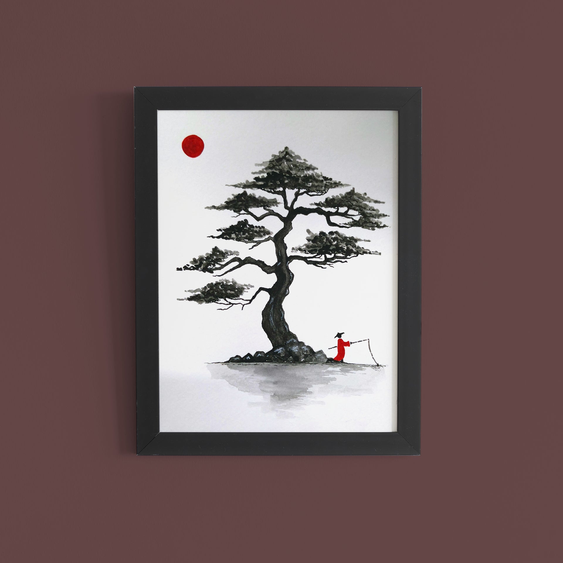 Zen Tree & Red Sun – Serenity in Watercolour Minimalist Wall Art