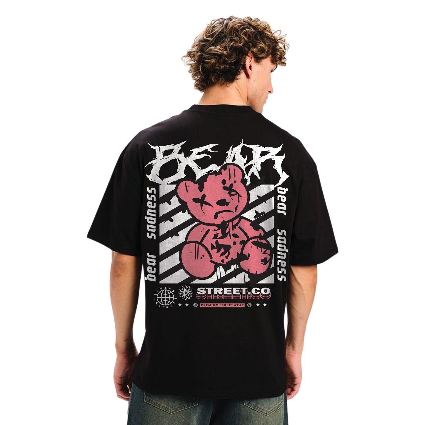 Men’s Bear Sadness Graphic T-Shirt – Black Oversized Streetwear