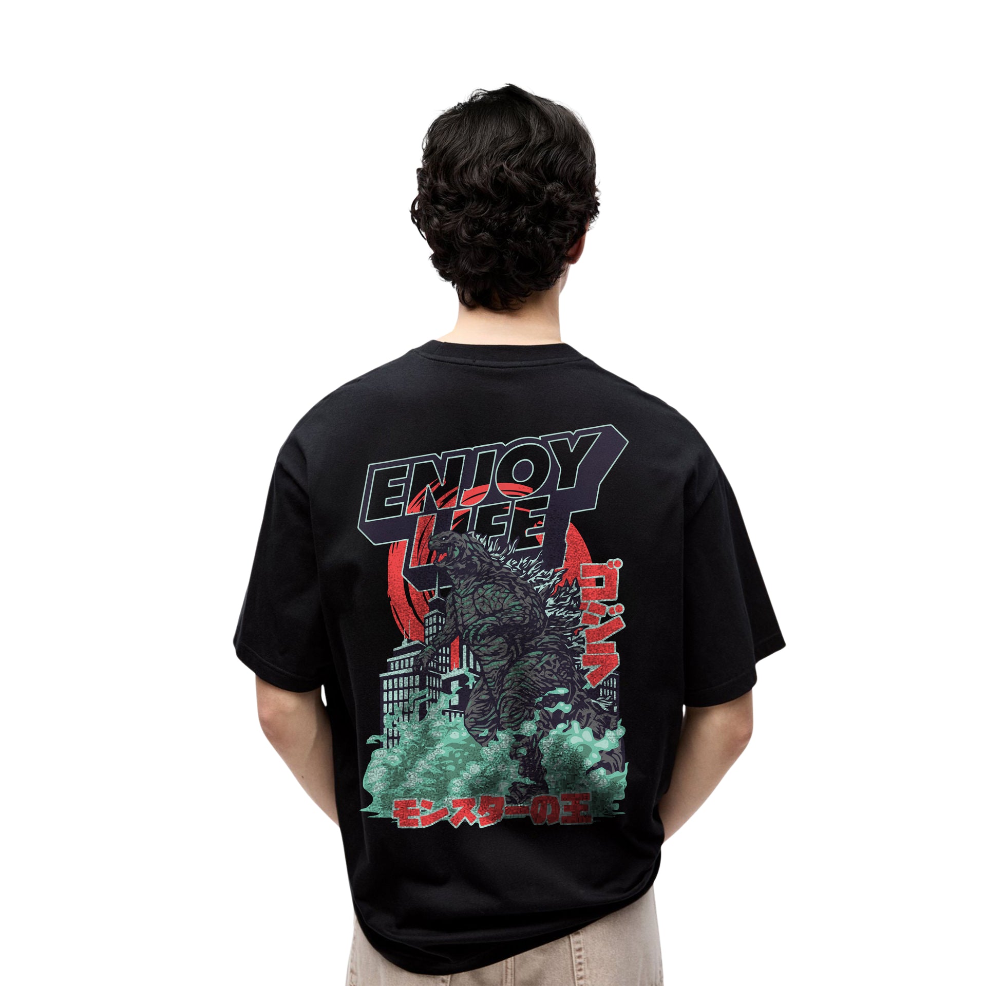 Enjoy Life Godzilla Graphic T-Shirt – Oversized Black Japanese-Style Tee