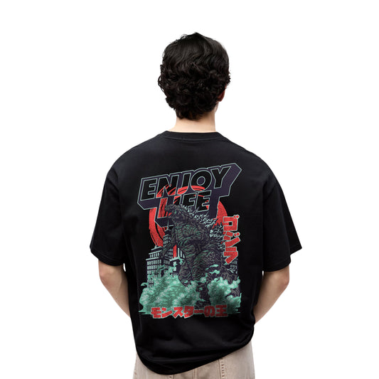 Enjoy Life Godzilla Graphic T-Shirt – Oversized Black Japanese-Style Tee