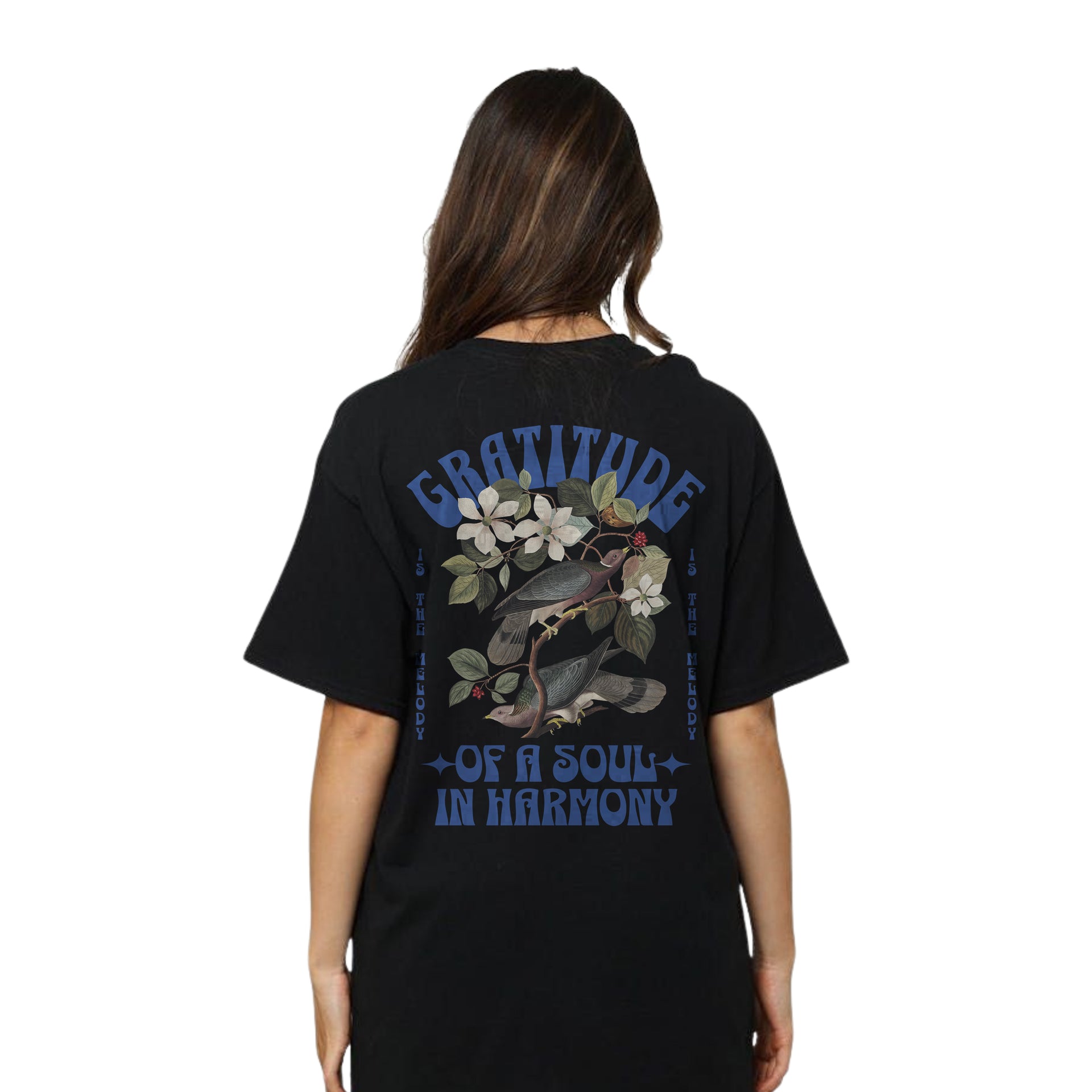Gratitude Floral Birds T-Shirt – Oversized Black Harmony Graphic Tee