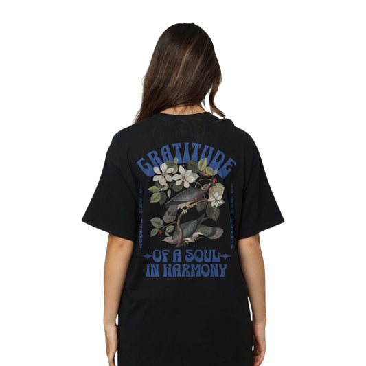 Gratitude Floral Birds T-Shirt – Oversized Black Harmony Graphic Tee