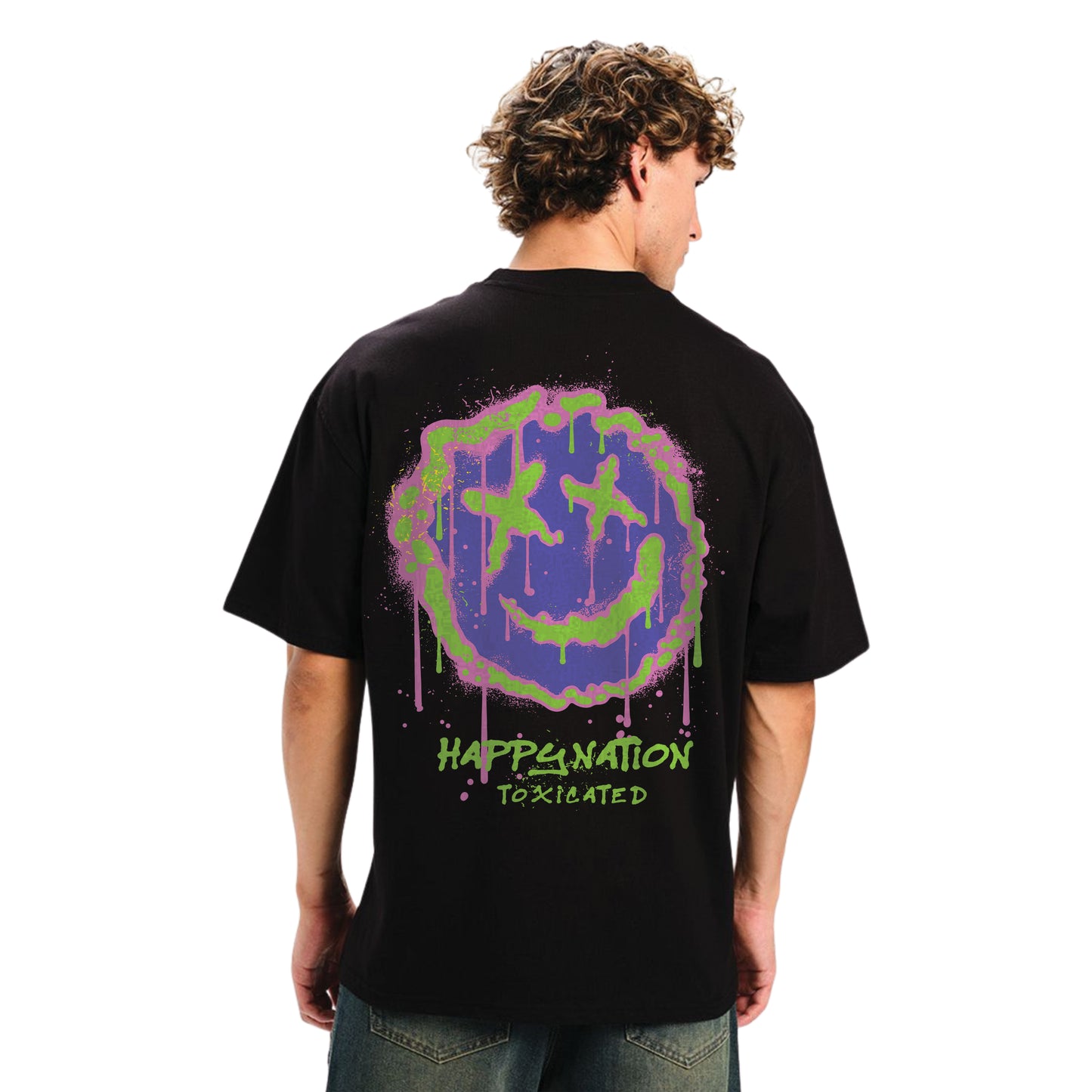 Happy Nation Graffiti Smiley T-Shirt – Oversized Black Streetwear
