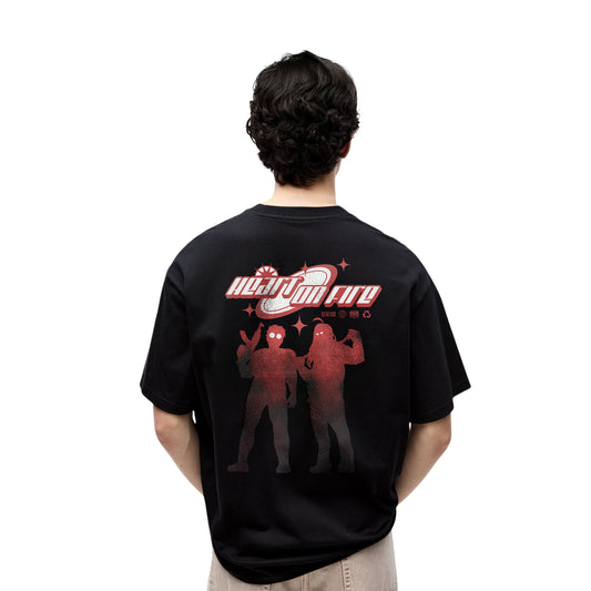 Heart on Fire Graphic T-Shirt – Oversized Black Cosmic Streetwear