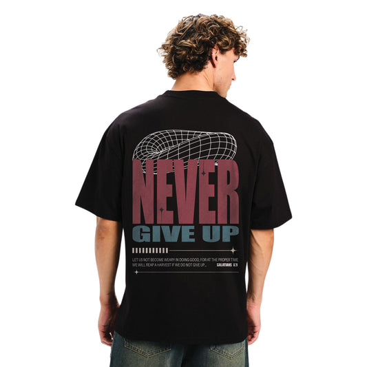 Never Give Up Motivational T-Shirt – Bold Quote Graphic, Unisex Black Inspiration Tee