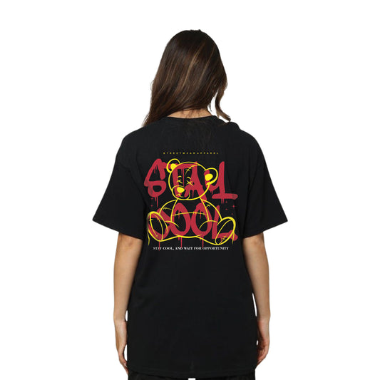 Stay Cool Graffiti Bear T-Shirt – Urban Streetwear Graphic, Unisex Black Tee