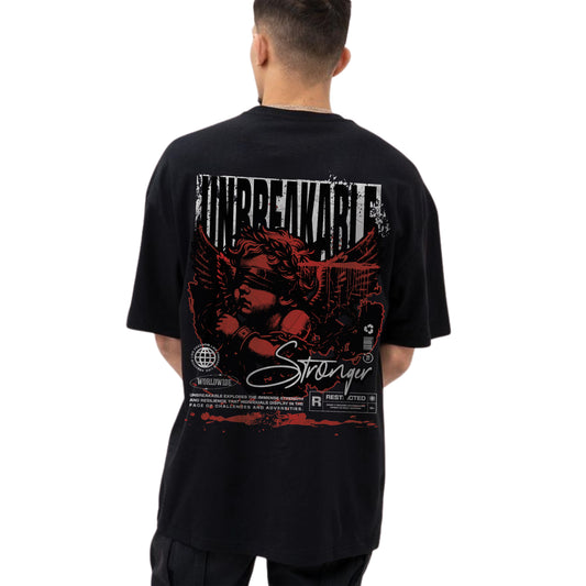 Unbreakable Stranger Angel T-Shirt – Red Gothic Resilience Graphic, Unisex Black Streetwear