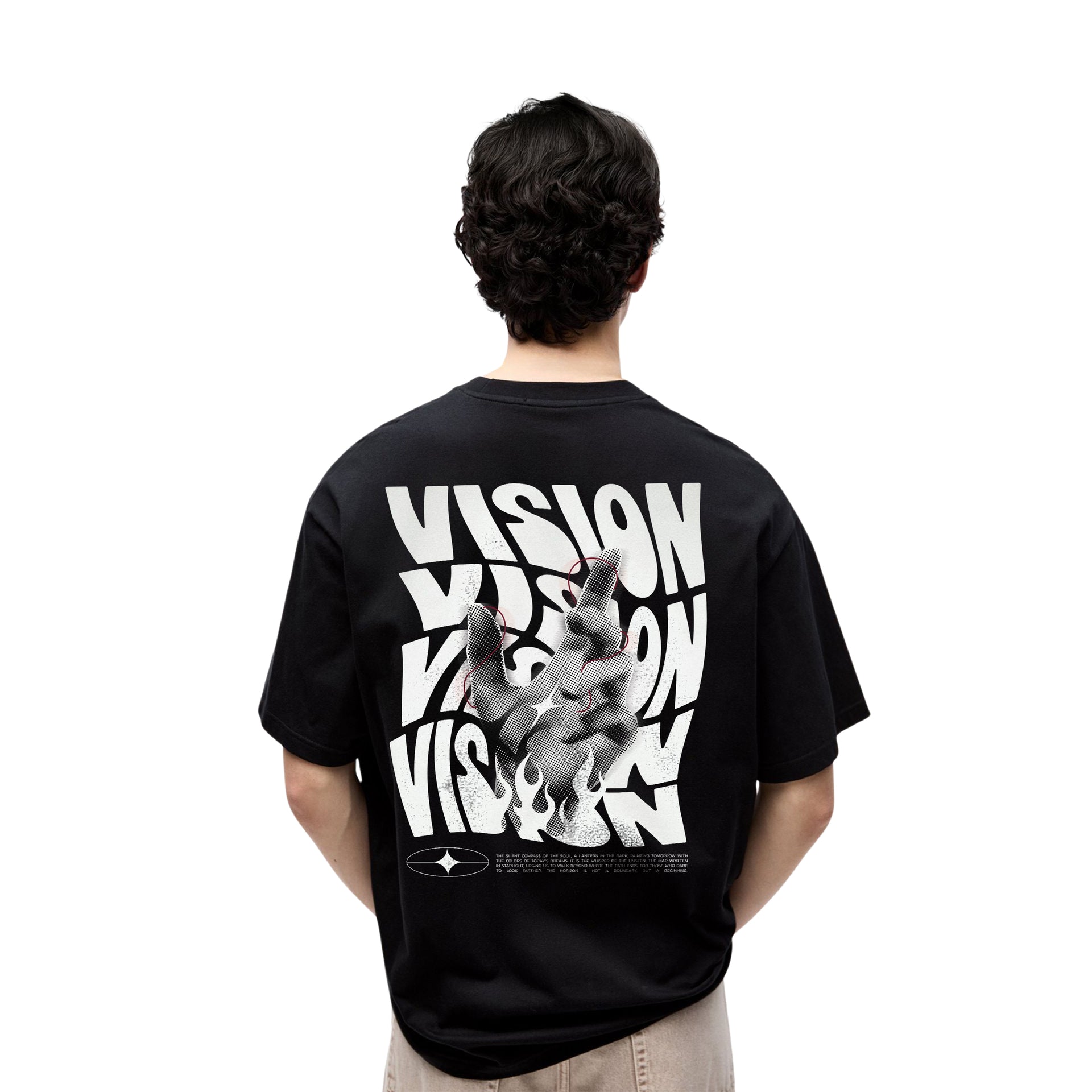 Vision Hand Art T-Shirt – Distorted Typography Graphic, Unisex Black Streetwear Tee
