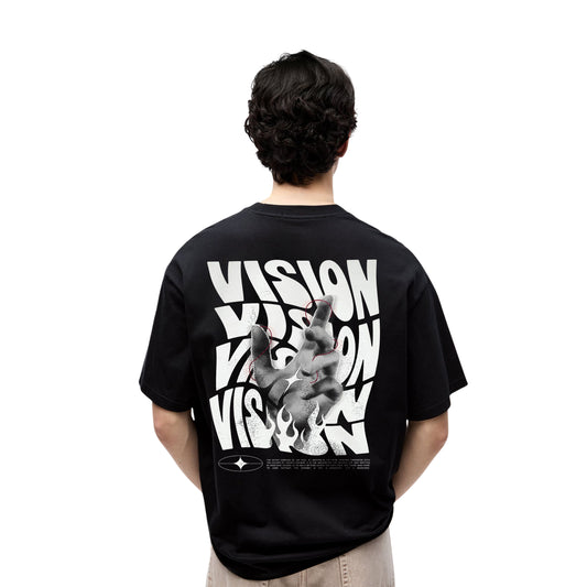 Vision Hand Art T-Shirt – Distorted Typography Graphic, Unisex Black Streetwear Tee