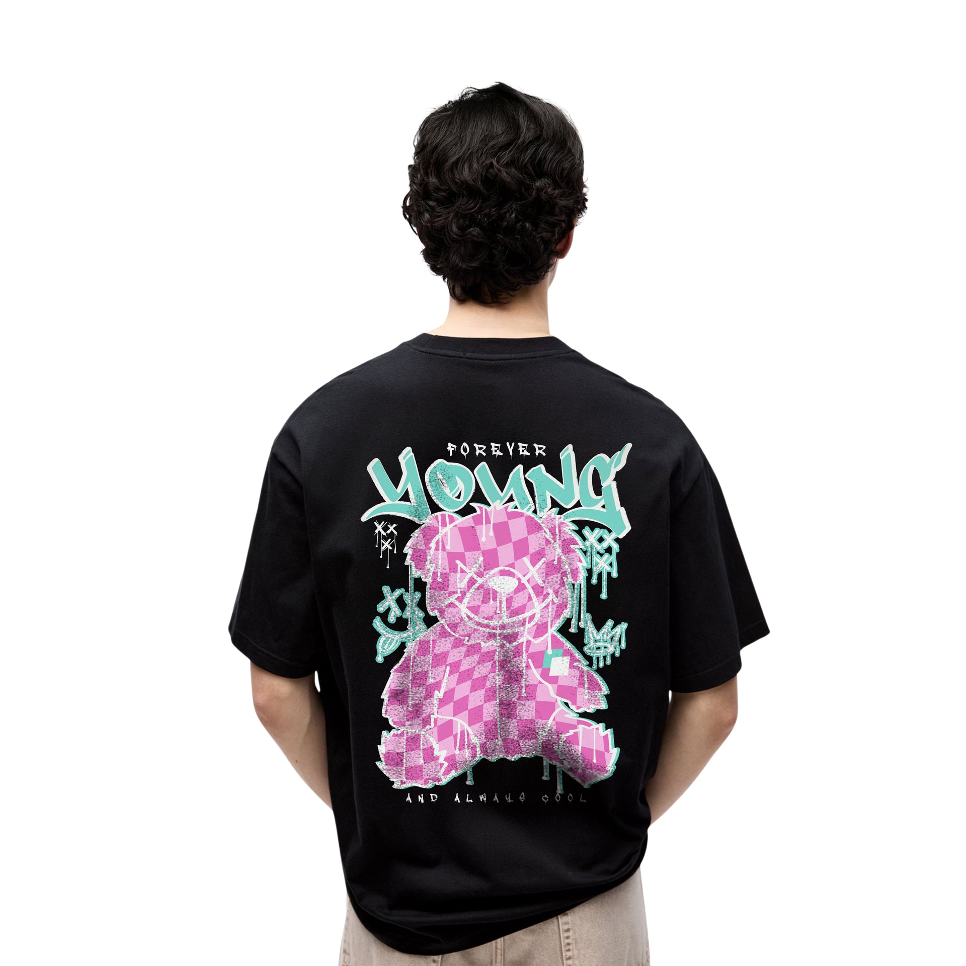 Forever Young Graffiti Bear T-Shirt – Pink Checkered Street Art, Unisex Black Cool Tee