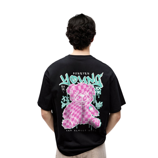 Forever Young Graffiti Bear T-Shirt – Pink Checkered Street Art, Unisex Black Cool Tee